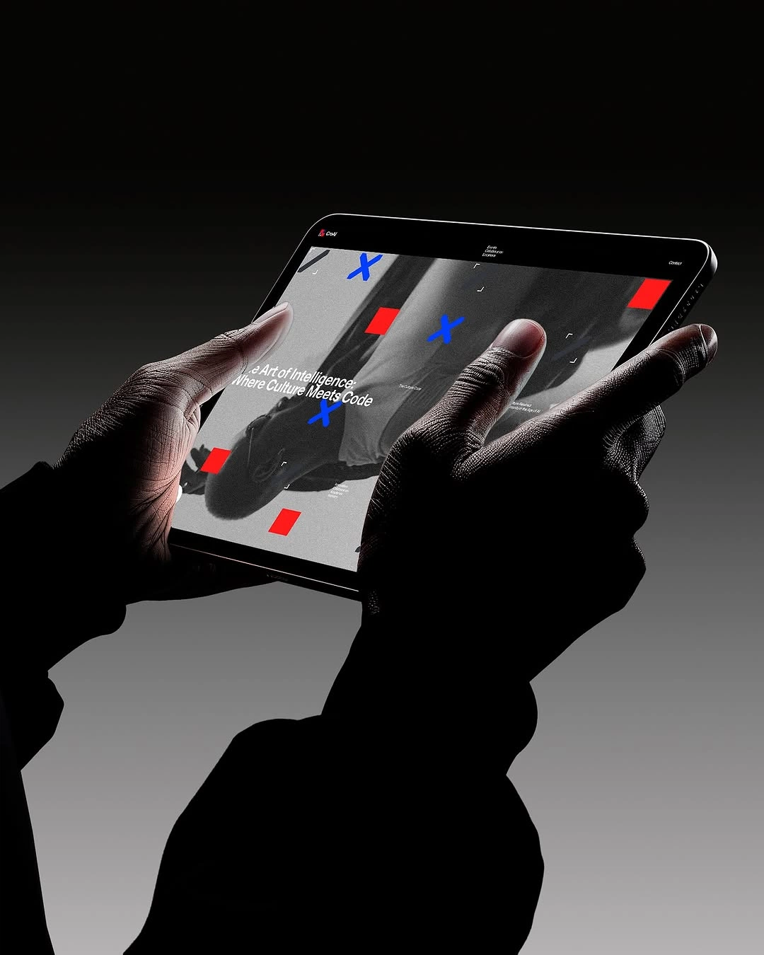A tablet showing a dark campaign page with red and blue marks